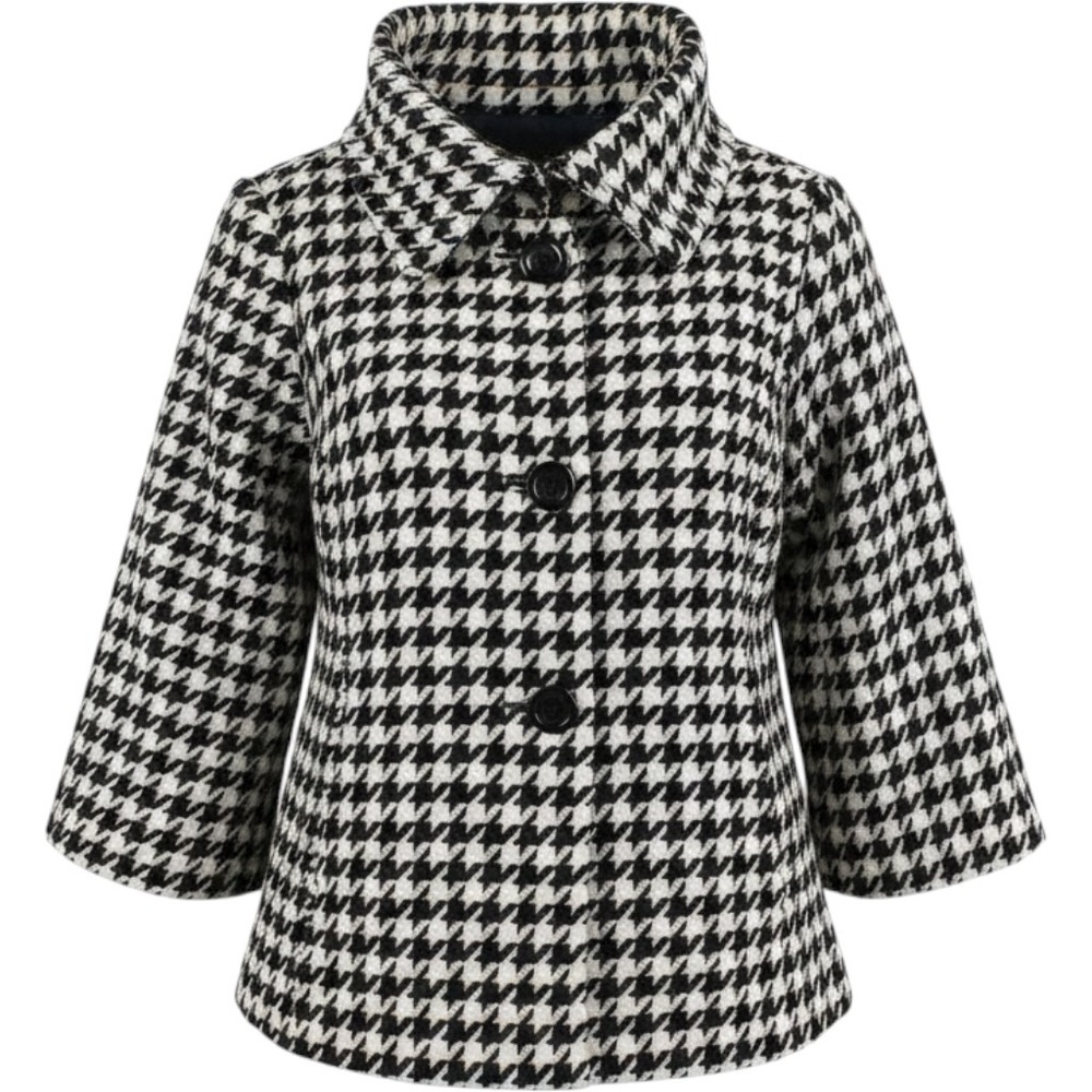 For Cynthia Houndstooth Jacket Black White Oversized Collar Boxy Button Front M